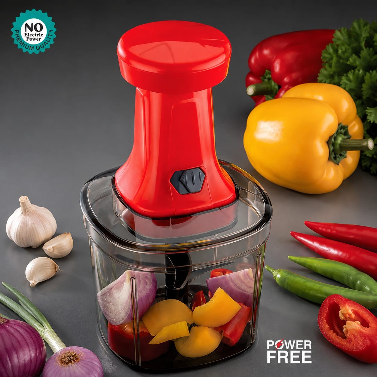 Manual Push Chopper 900ml | Power-Free Vegetable & Fruit Chopper with Stainless Steel Blades